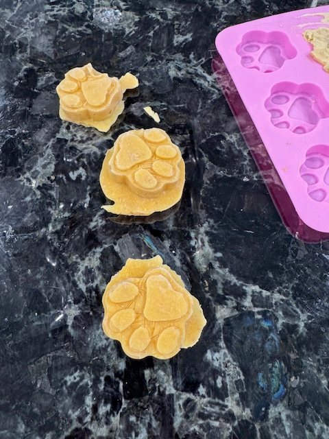 Homemade dog treats made with yogurt, peanut butter and pumpkin puree.