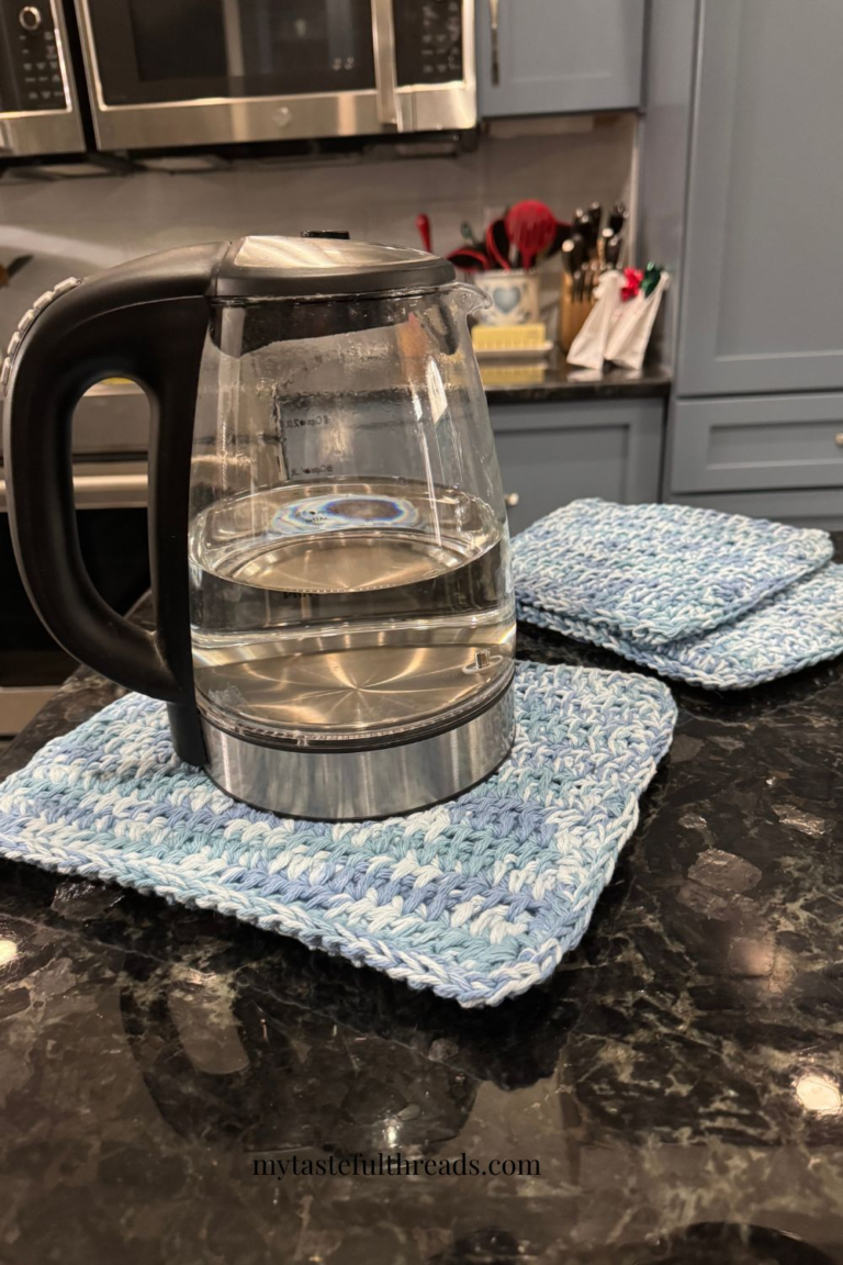 Thicker crochet stitches used in cotton hot pads protecting a countertop from heat