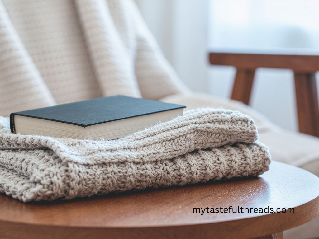 book on top of a blanket next to a chair for the cozy reading corner