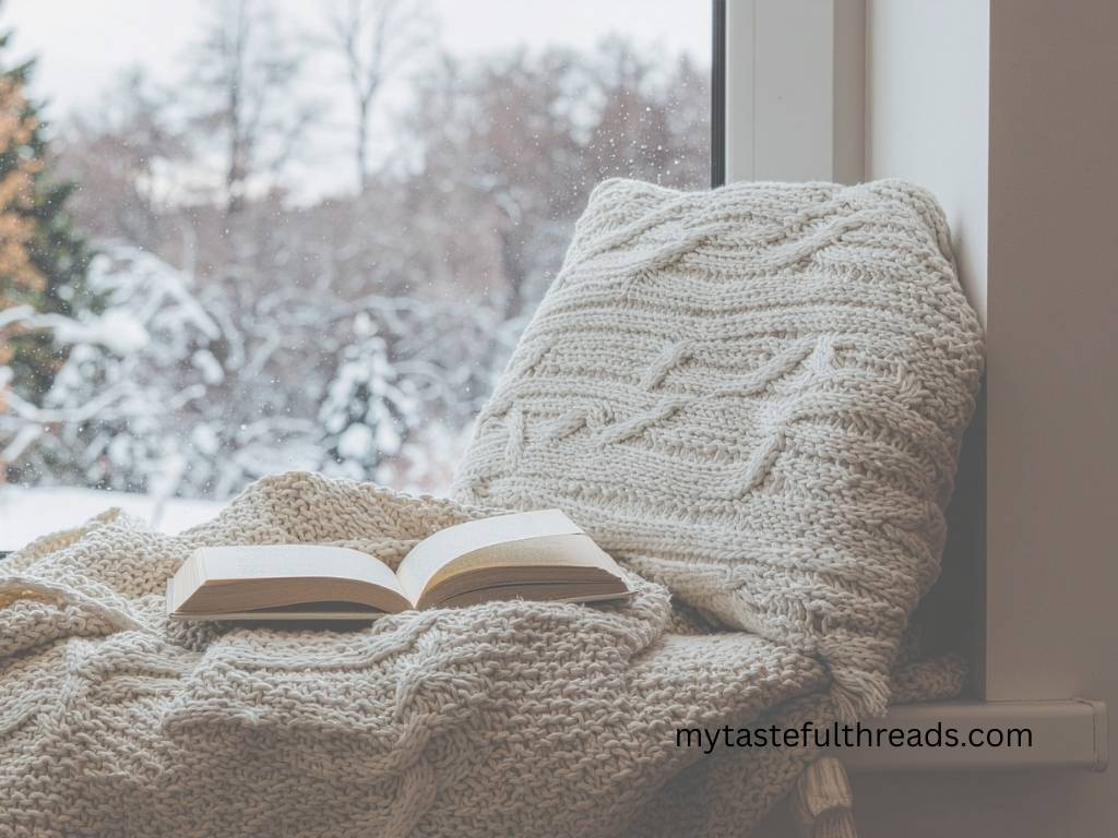 Cozy reading corner with book and blanket