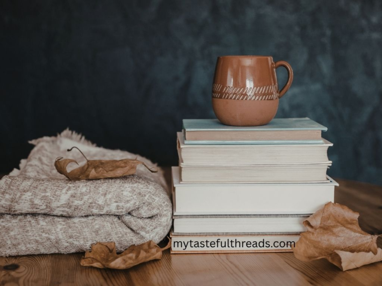 stack of book with a warm mug