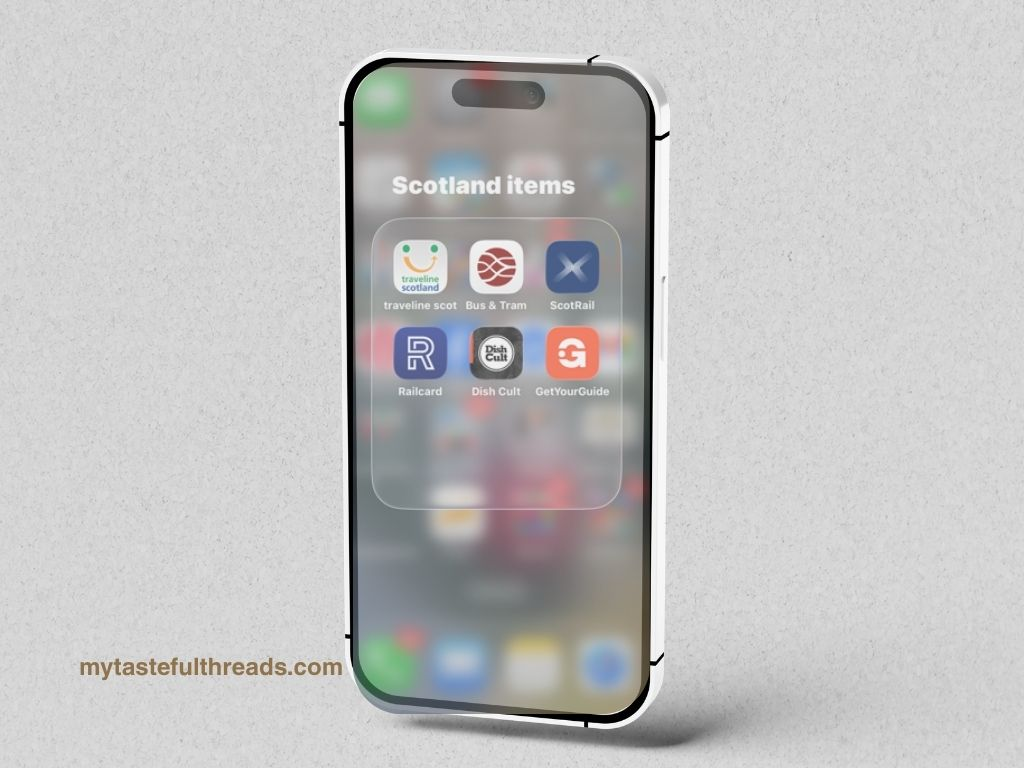iPhone showing a Scotland items app folder with ScotRail, Traveline Scotland, Bus and Tram, Railcard, Dish Cult, and GetYourGuide apps