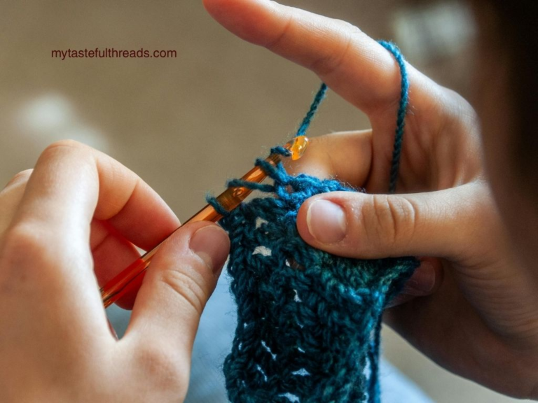 Left-handed crochet for beginners pencil grip working stitches with teal yarn